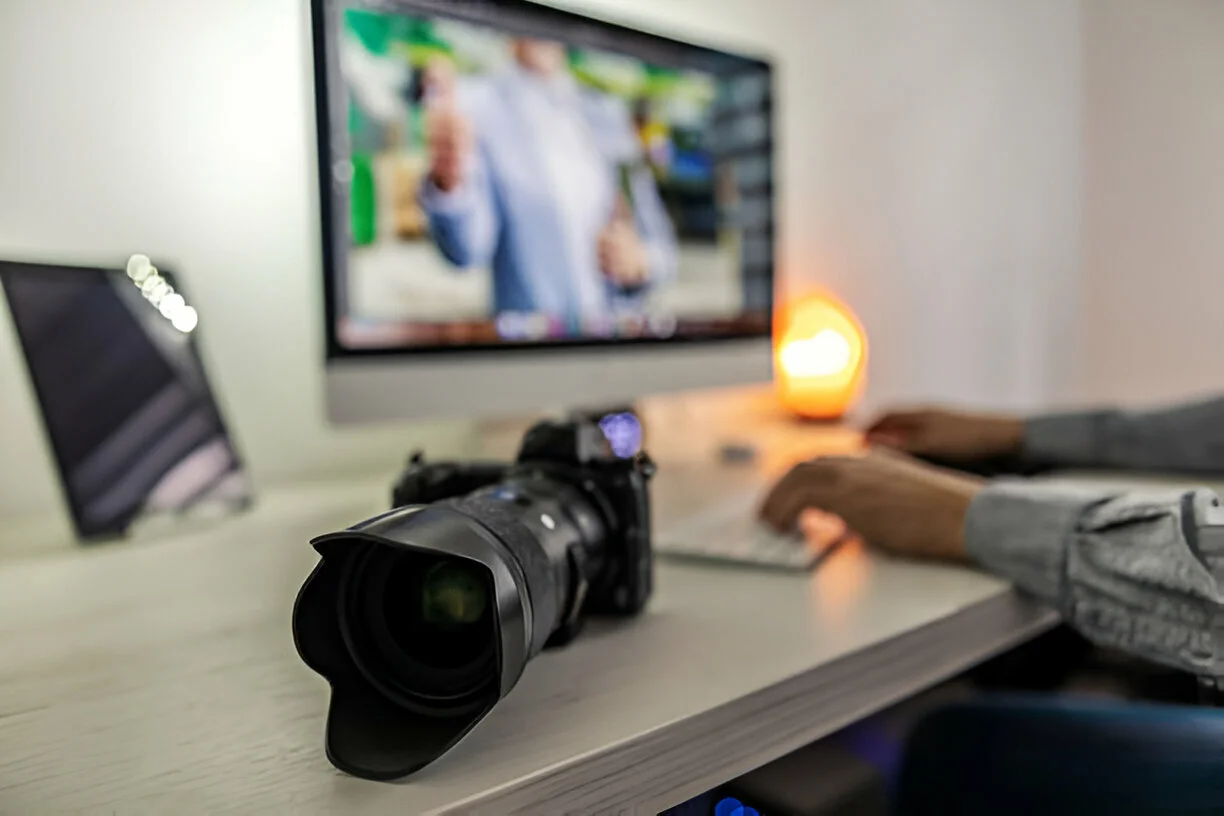 Una camara de video con las manos de un hombre en un teclado de ordenador de frondo